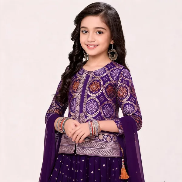 Purple_Brocade_Embellished_Lehenga_Choli_Set_For_Girls