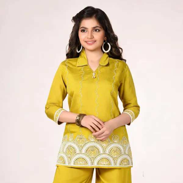 Mustard_Yellow_Silk_Embroidered_Collar_Kurta_Palazzo_Set_For_Women