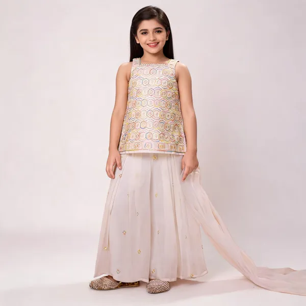 Beige_Georgette_Embroidered_Sleeveless_Kurta_Sharara_Set_For_Girls