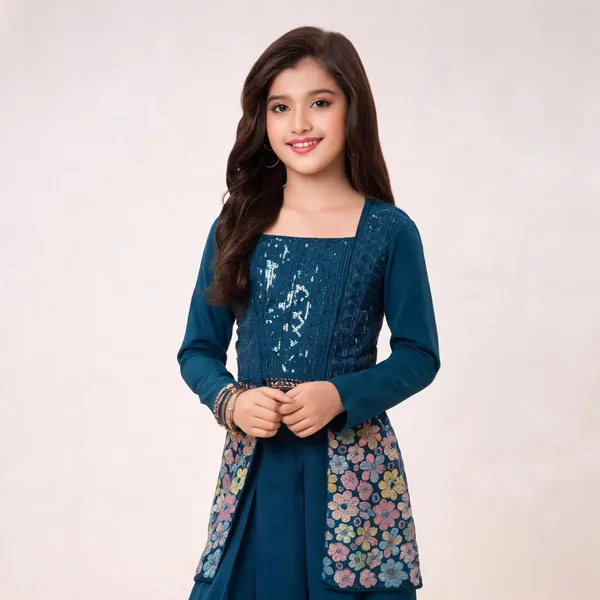 Blue_Georgette_Sequin_Embellished_Floral_Printed_Gown_For_Girls