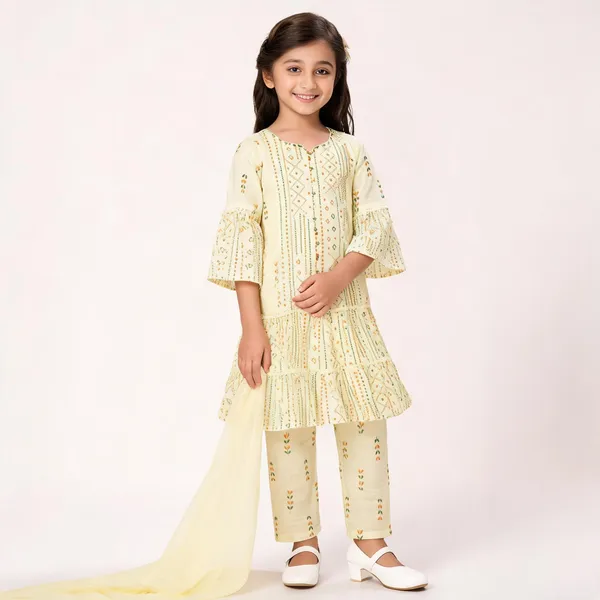 Cream_Cotton_Embroidered_Frill_Sleeve_Kurta_Set_For_Girls