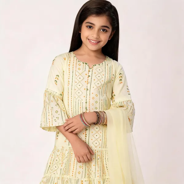 Cream_Cotton_Embroidered_Frill_Sleeve_Kurta_Set_For_Girls