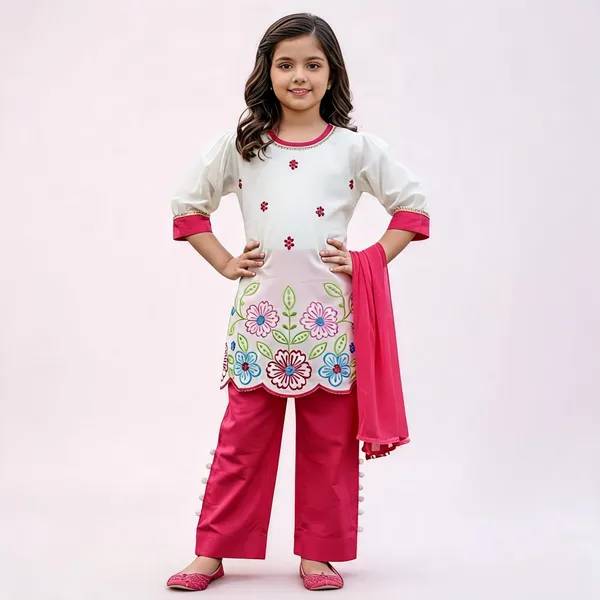 White_And_Pink_Cotton_Embroidered_Floral_Kurta_Set_For_Girls
