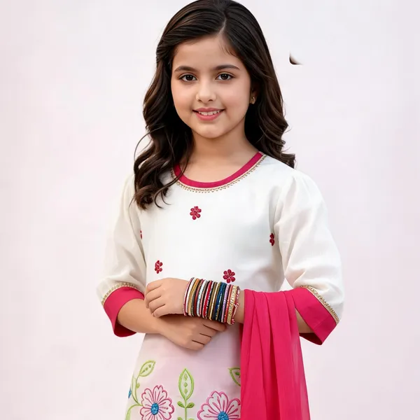 White_And_Pink_Cotton_Embroidered_Floral_Kurta_Set_For_Girls