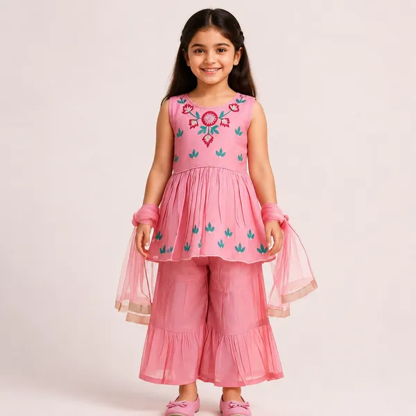 Pink_Chanderi_Cotton_Embroidered_Sleeveless_Kurta_Sharara_Set_For_Girls