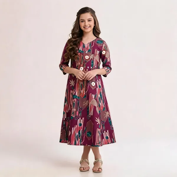 Maroon_Floral_Print_Cotton_Anarkali_Kurta_For_Girls