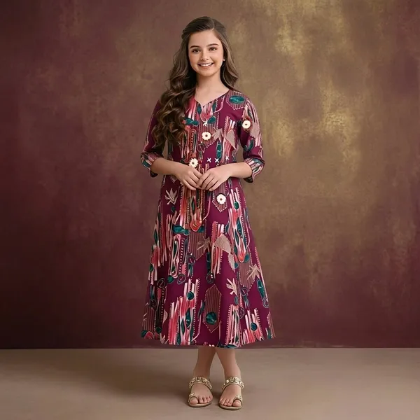 Maroon_Floral_Print_Cotton_Anarkali_Kurta_For_Girls
