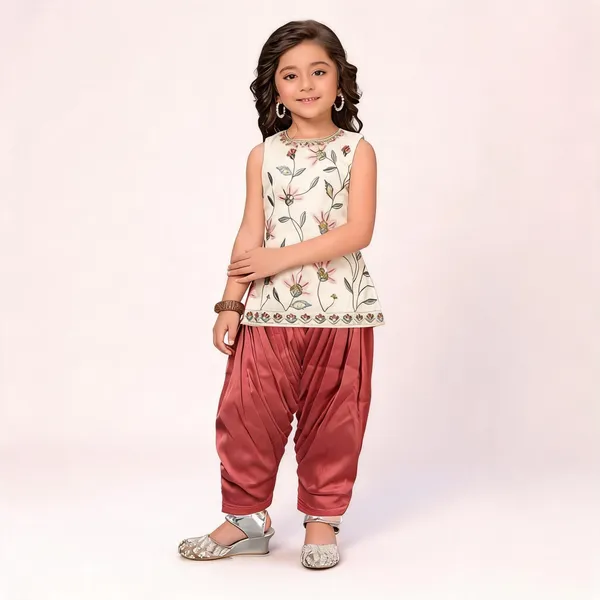 White_Floral_Embroidered_Silk_Kurta_With_Pink_Dhoti_Set_For_Girls