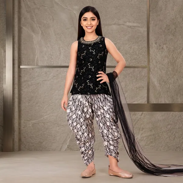 Black_Georgette_Embroidered_Ethnic_Kurti_With_Printed_Dhoti_For_Girls