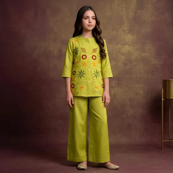 Lime_Green_Embroidered_Silk_Kurta_Palazzo_Set_For_Girls