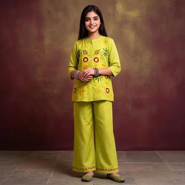 Lime_Green_Embroidered_Silk_Kurta_Palazzo_Set_For_Girls