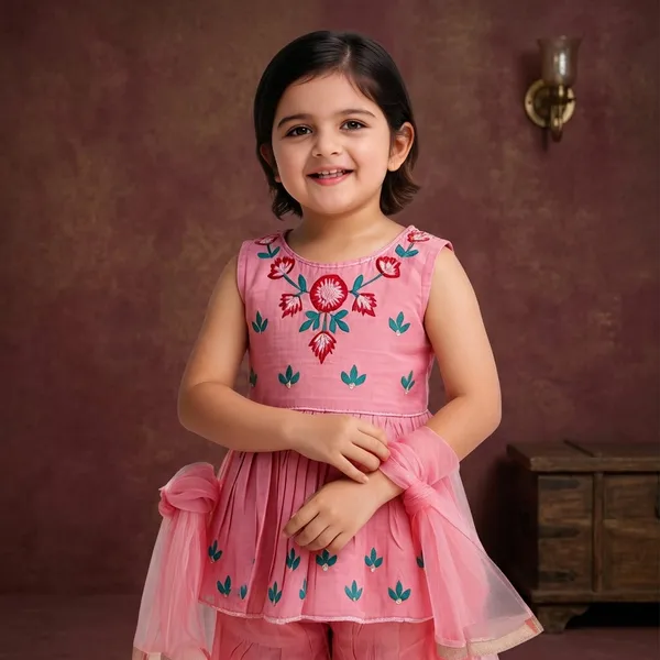 Pink_Chanderi_Cotton_Embroidered_Sleeveless_Kurta_Sharara_Set_For_Girls