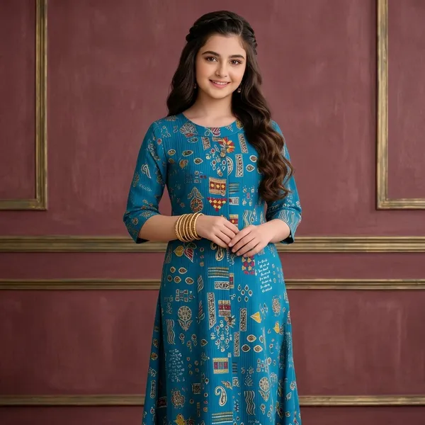 Blue_Printed_Silk_Midi_Dress_For_Girls