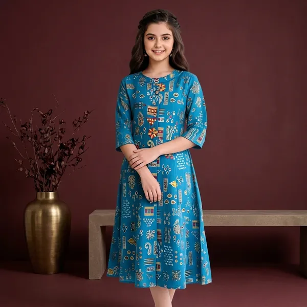 Blue_Printed_Silk_Midi_Dress_For_Girls
