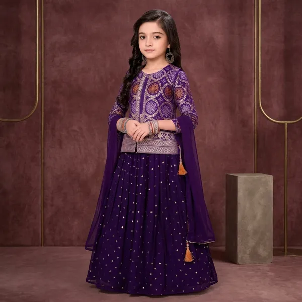 Purple_Brocade_Embellished_Lehenga_Choli_Set_For_Girls
