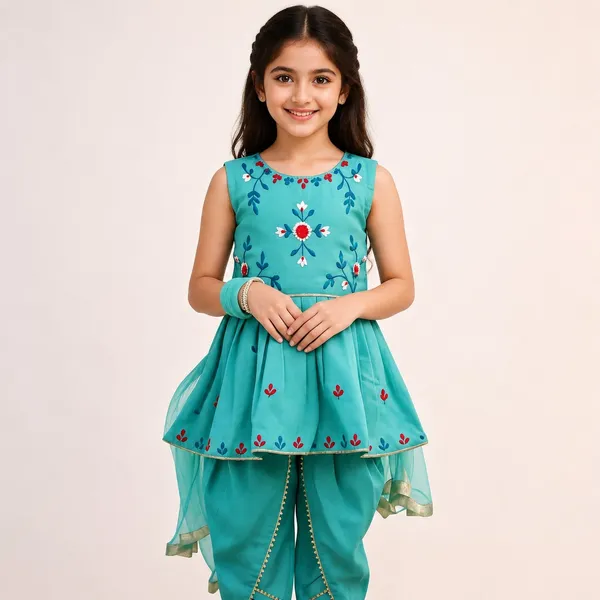 Turquoise_Blue_Chanderi_Cotton_Embroidered_Floral_Kurta_Dhoti_Set_For_Girls