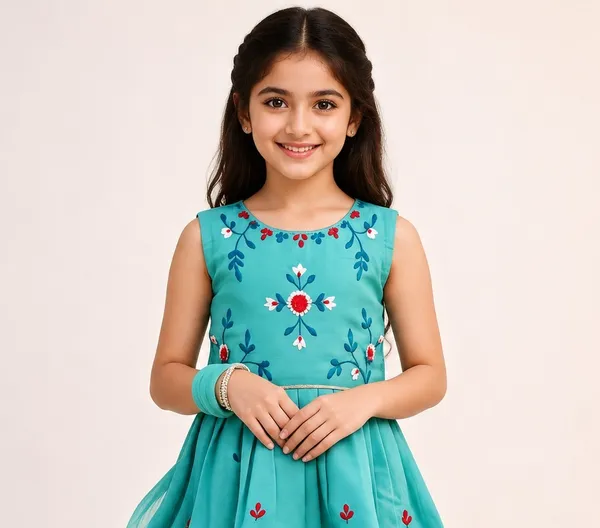 Turquoise_Blue_Chanderi_Cotton_Embroidered_Floral_Kurta_Dhoti_Set_For_Girls