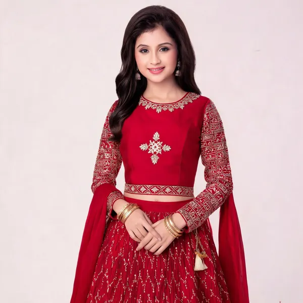 Red_Silk_Embroidered_Lehenga_Choli_Set_For_Girls