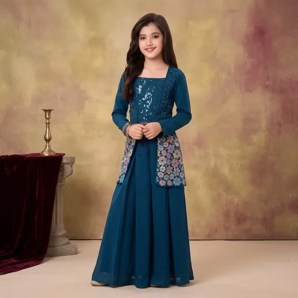 Blue_Georgette_Sequin_Embellished_Floral_Printed_Gown_For_Girls