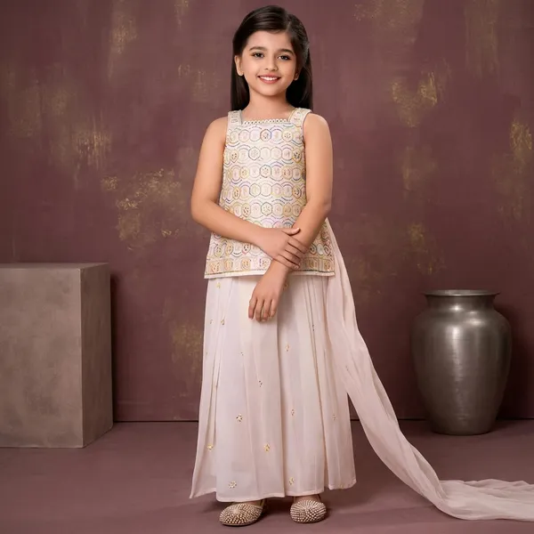 Beige_Georgette_Embroidered_Sleeveless_Kurta_Sharara_Set_For_Girls