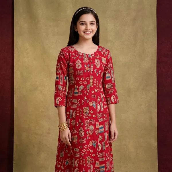 Red_Silk_Printed_Flared_Dress_For_Girls