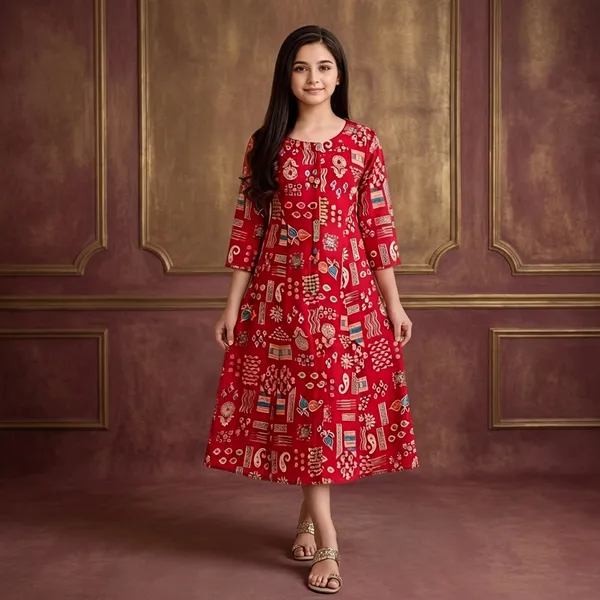 Red_Silk_Printed_Flared_Dress_For_Girls
