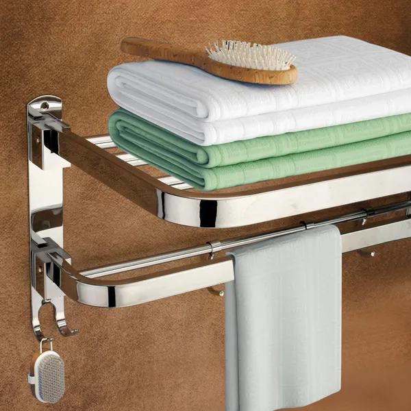Silver_Chrome_Double_Layer_Stainless_Steel_Towel_Rack_With_Hooks,_Wall_Mounted,_(24_Inches)