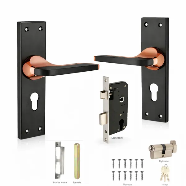 DM_Locks_|_8_Inch_|_Mortice_Handle_Cylindrical_Door_Lock_200mm,_Black_and_Rose_Gold_Silver_finish_for_Bedroom_Doors_and_Main_Door