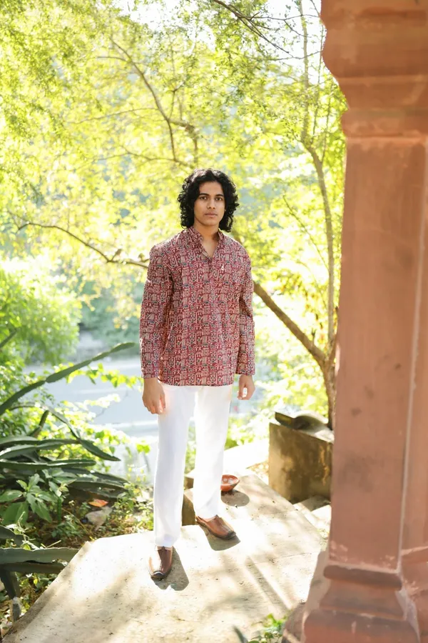 Jaipuri_Print_Red_Pure_Cotton_Hand_Block___Full_Sleeve_Kurta_For_Men