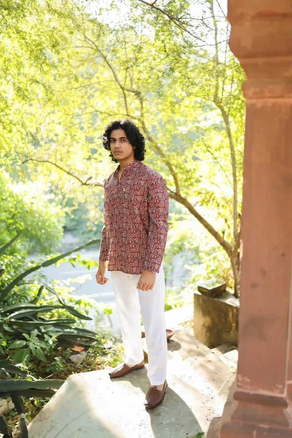Jaipuri_Print_Red_Pure_Cotton_Hand_Block___Full_Sleeve_Kurta_For_Men