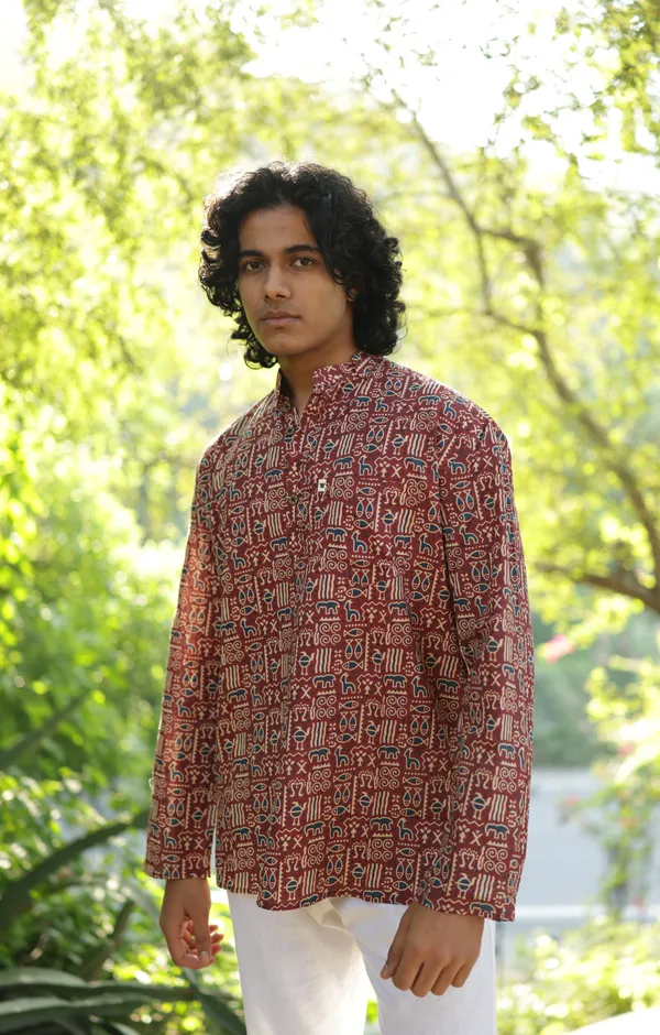 Jaipuri_Print_Red_Pure_Cotton_Hand_Block___Full_Sleeve_Kurta_For_Men