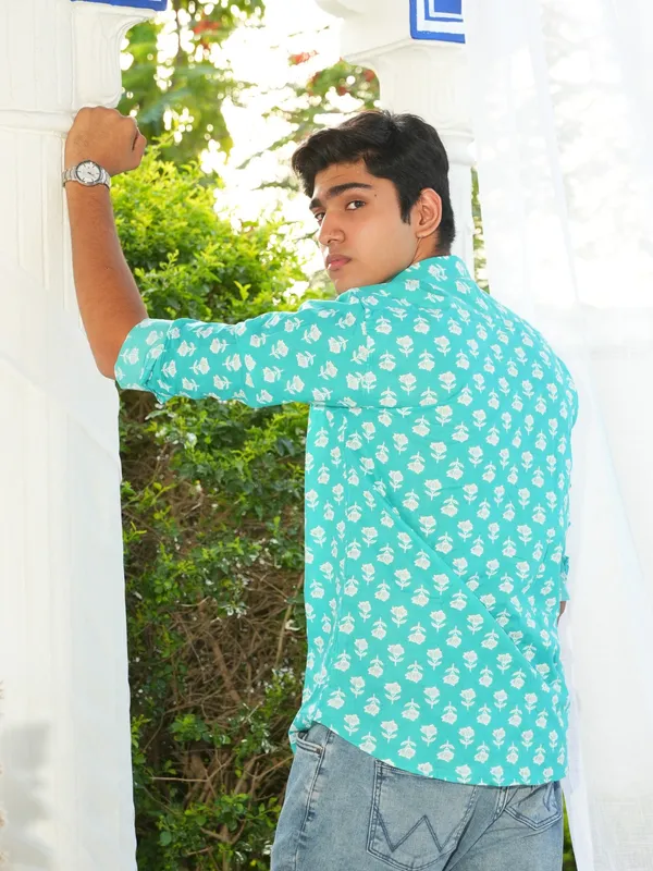 Jaipuri_Print_Blue_Pure_Cotton_Hand_Block___Full_Sleeve_Shirt_For_Men