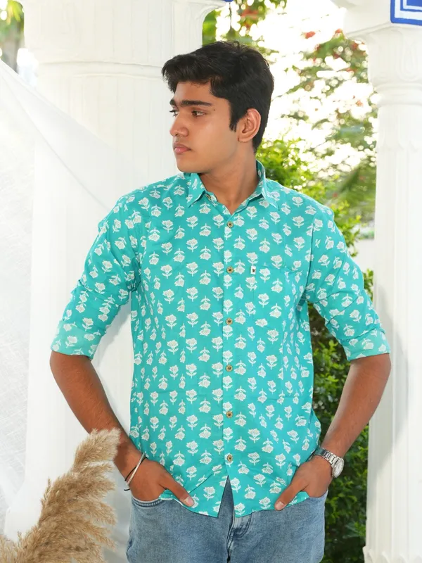 Jaipuri_Print_Blue_Pure_Cotton_Hand_Block___Full_Sleeve_Shirt_For_Men