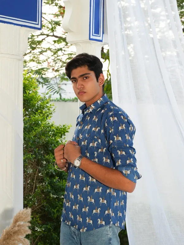 Jaipuri_Print_Dark_Blue_Pure_Cotton_Hand_Block___Full_Sleeve_Shirt_For_Men