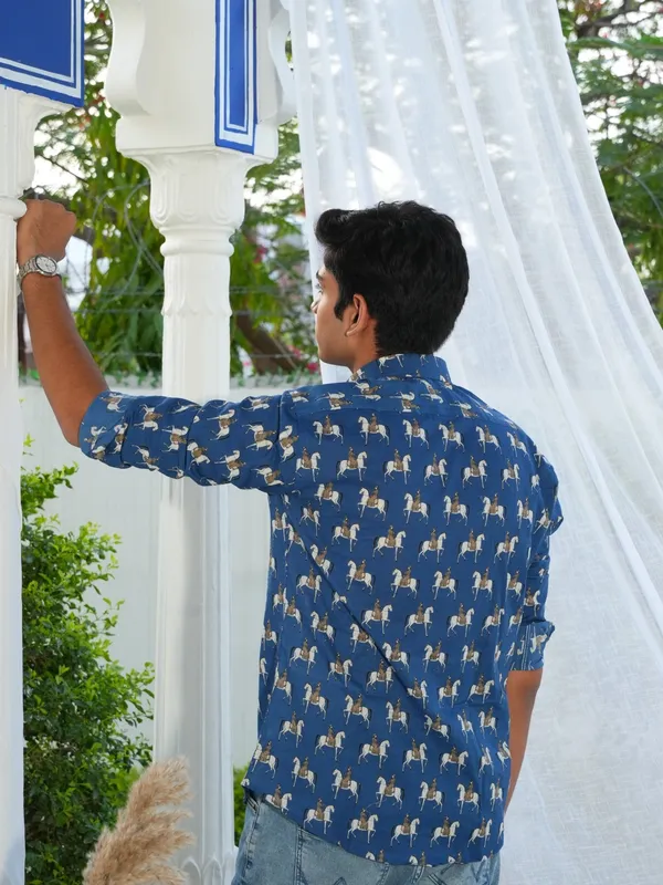 Jaipuri_Print_Dark_Blue_Pure_Cotton_Hand_Block___Full_Sleeve_Shirt_For_Men