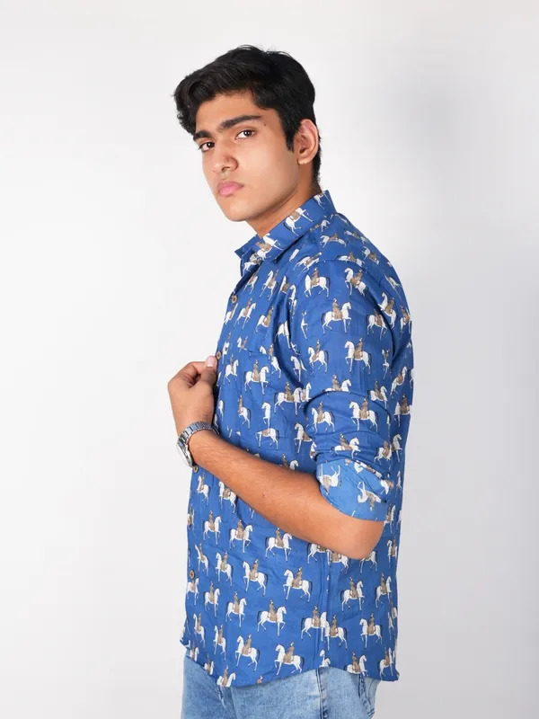 Jaipuri_Print_Dark_Blue_Pure_Cotton_Hand_Block___Full_Sleeve_Shirt_For_Men
