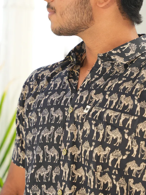 Jaipuri_Print_Black_Pure_Cotton_Hand_Block___Half_Sleeve_Shirt_For_Men