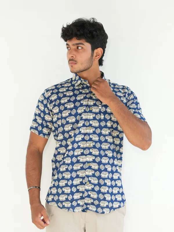 Jaipuri_Print_Blue_Pure_Cotton_Hand_Block___Half_Sleeve_Shirt_For_Men