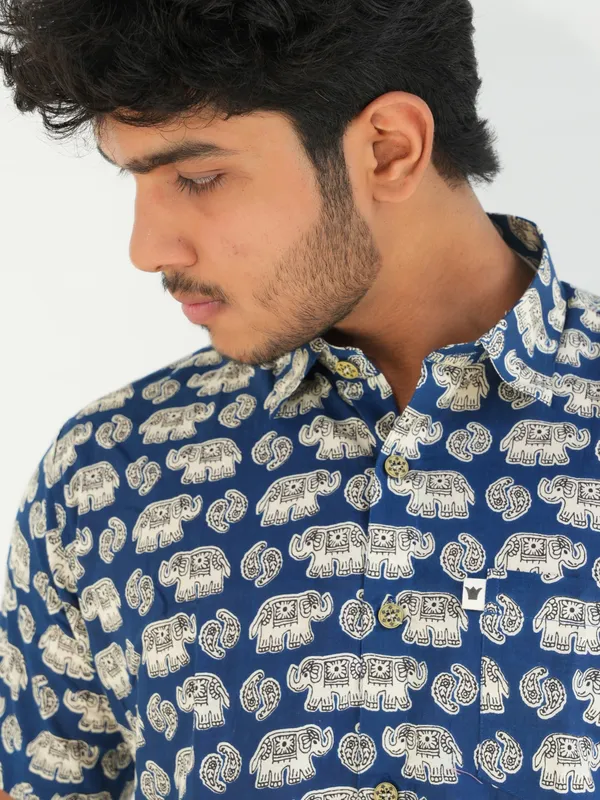 Jaipuri_Print_Blue_Pure_Cotton_Hand_Block___Half_Sleeve_Shirt_For_Men