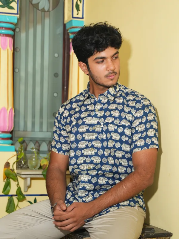 Jaipuri_Print_Blue_Pure_Cotton_Hand_Block___Half_Sleeve_Shirt_For_Men