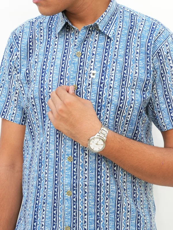 Jaipuri_Print_Dark_Blue_Pure_Cotton_Hand_Block___Half_Sleeve_Shirt_For_Men