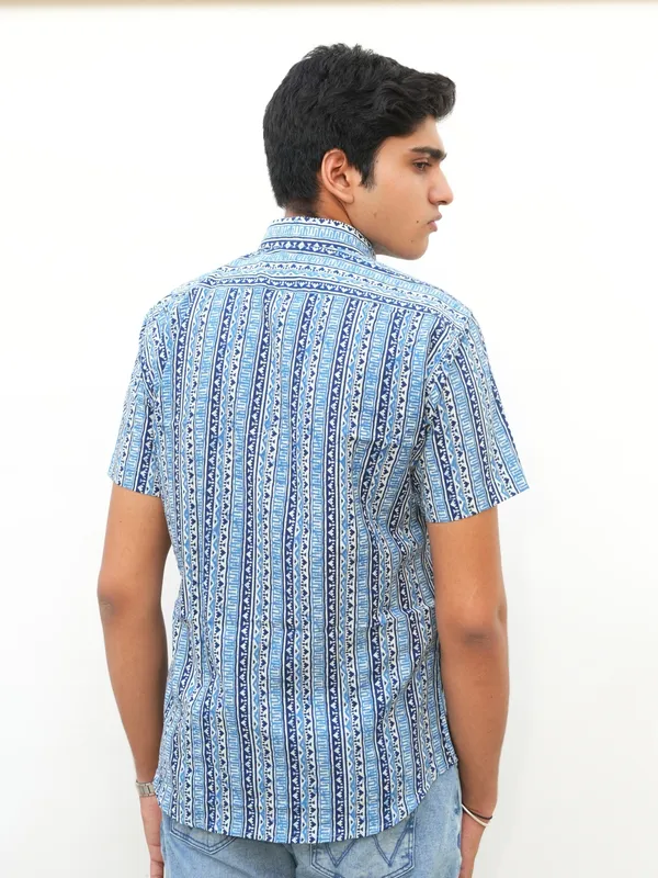 Jaipuri_Print_Dark_Blue_Pure_Cotton_Hand_Block___Half_Sleeve_Shirt_For_Men