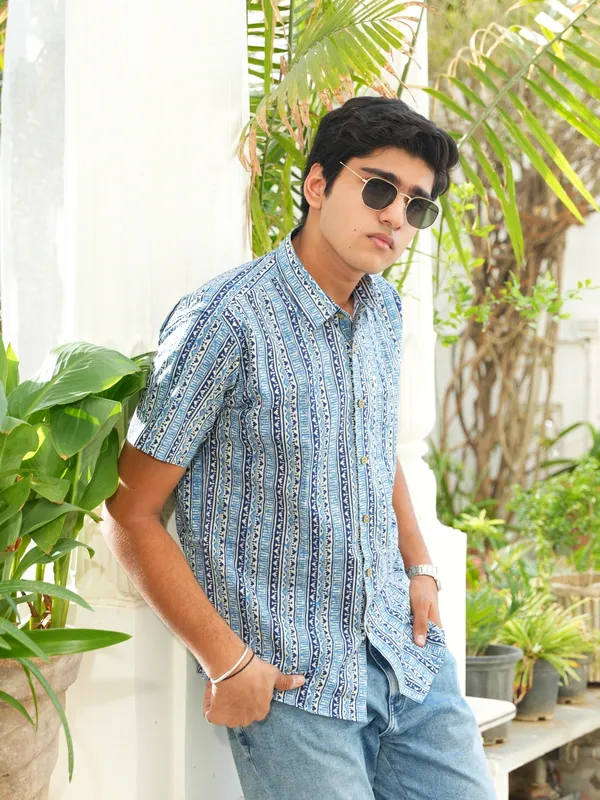Jaipuri_Print_Dark_Blue_Pure_Cotton_Hand_Block___Half_Sleeve_Shirt_For_Men