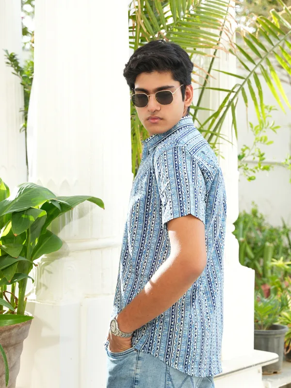 Jaipuri_Print_Dark_Blue_Pure_Cotton_Hand_Block___Half_Sleeve_Shirt_For_Men