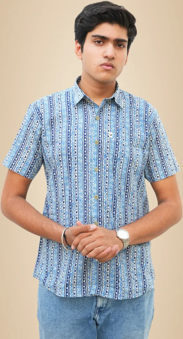 Jaipuri_Print_Dark_Blue_Pure_Cotton_Hand_Block___Half_Sleeve_Shirt_For_Men