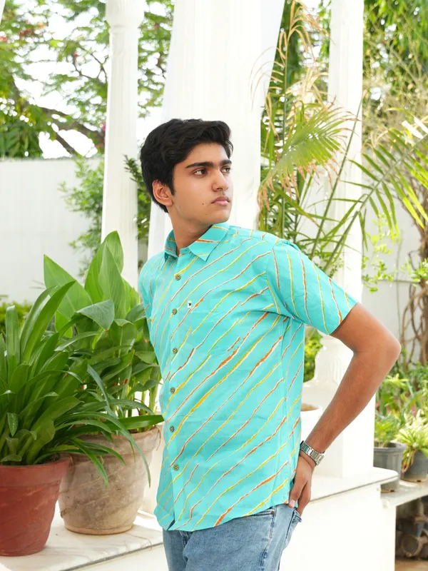 Jaipuri_Print_Light_Blue_Pure_Cotton_Hand_Block___Half_Sleeve_Shirt_For_Men