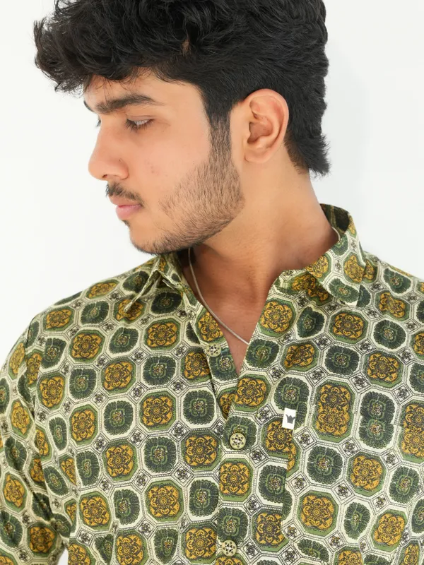 Jaipuri_Print_Dark_Green&Yellow_Pure_Cotton_Hand_Block___Half_Sleeve_Shirt_For_Men