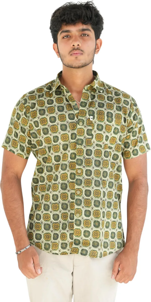 Jaipuri_Print_Dark_Green&Yellow_Pure_Cotton_Hand_Block___Half_Sleeve_Shirt_For_Men