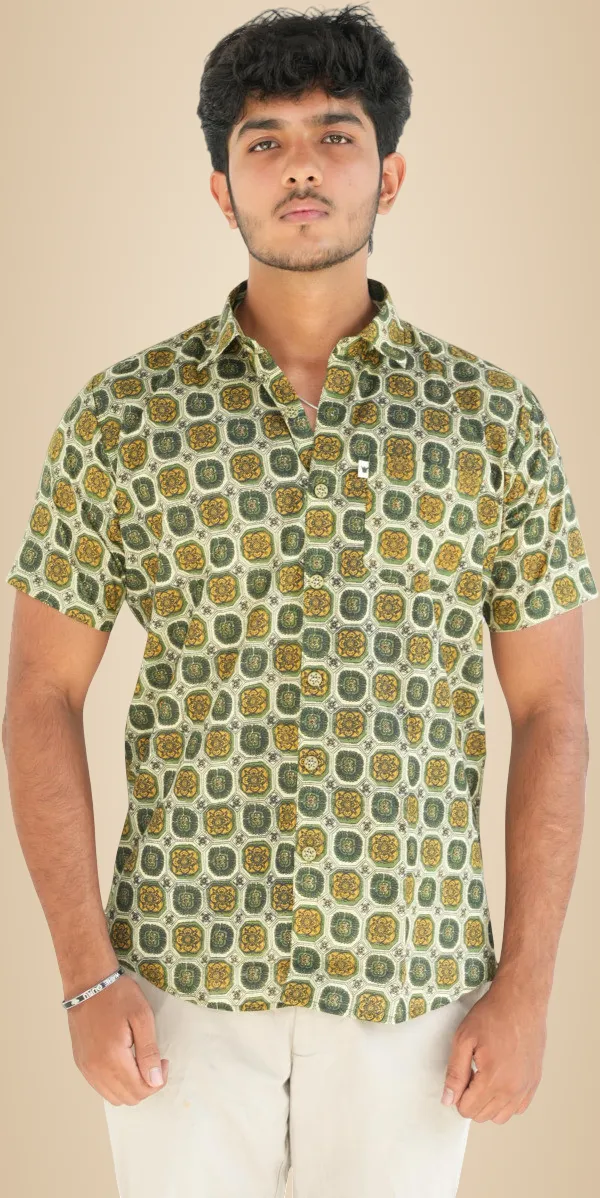 Jaipuri_Print_Dark_Green&Yellow_Pure_Cotton_Hand_Block___Half_Sleeve_Shirt_For_Men