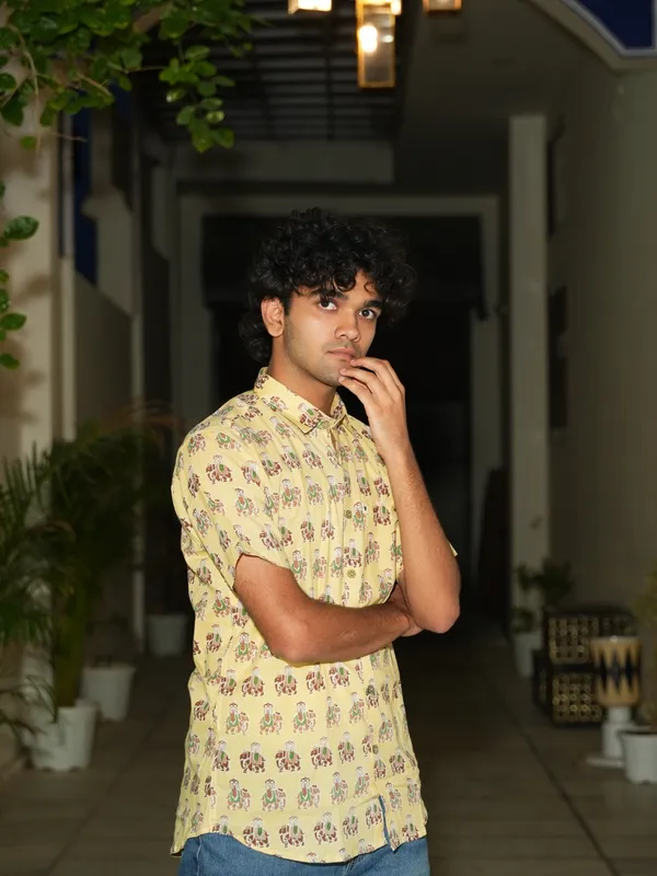 Jaipuri_Print_Yellow_Pure_Cotton_Hand_Block___Half_Sleeve_Shirt_For_Men